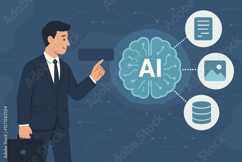 Businessman using generative AI. Artificial intelligence concept for content creation. Man enters command prompt to generate text, image, and data. Machine learning automation.