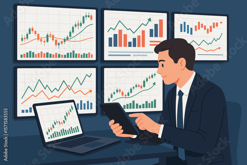 Businessman or stock broker analyzing financial data. Trader using tablet and laptop in a monitoring room. Stock exchange trading online, investment concept. Forex growth chart.