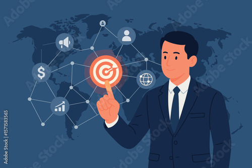 Businessman touching target icon on digital interface. Global business strategy concept with world map. Marketing, finance, customer network, and HR for growth and success.