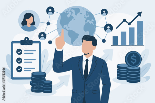 Businessman touching global network, analyzing sales data and finance. Customer management, economic growth strategy, and success planning. Modern flat vector concept.