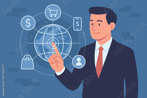 Businessman touching virtual screen with global network icons. E-commerce, online shopping, digital payment, mobile banking, and customer connection. Omnichannel concept.