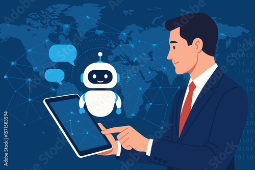 Businessman using tablet interacts with AI chatbot for customer support. Robot assistant providing access to information, data on global network. Artificial intelligence concept.