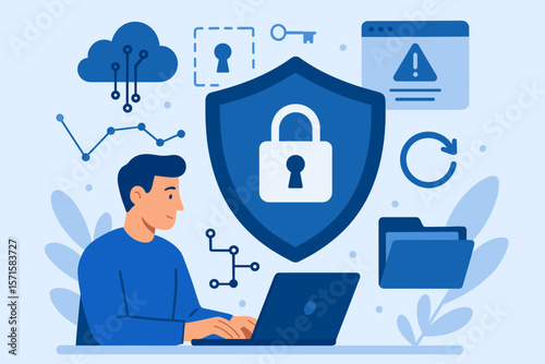 Cyber security and information protection concept. Man at laptop protecting network from attack. Data privacy, cloud computing, internet safety, and online threat prevention.