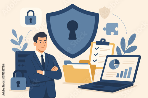 Cybersecurity and business data protection concept. Man guarding corporate information with a shield and lock. Vector illustration of privacy, compliance and network safety.