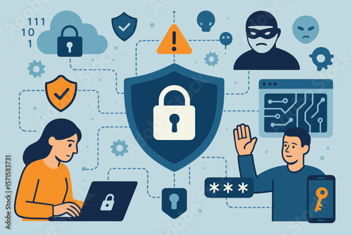Cybersecurity concept vector illustration. Data protection, network security, and digital privacy. Firewall shield protecting cloud, laptop, and phone from hacker attacks.