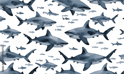 Vector illustration a seamless pattern featuring sharks in a watercolor style , an elegant seamless pattern with abstract shark symbols, easily editable.