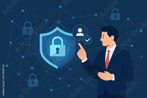 Cyber security concept. Businessman authenticating identity on virtual screen. Network data protection, information privacy technology, digital padlock, shield for business security.