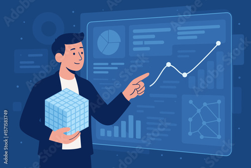 Data science analytics concept. Businessman or analyst holding big data cube, analyzing information on futuristic virtual dashboard. Business intelligence, chart, graph vector.