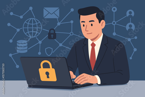 Businessman protecting data on laptop. Cyber security network concept. Internet technology, data privacy, and information protection with padlock icon. Modern flat vector cartoon.