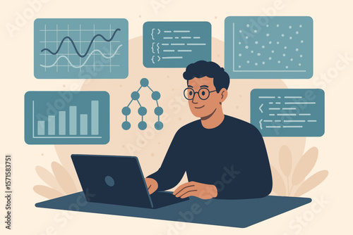 Data scientist man programmer working on laptop, analyzing big data on virtual interface. Developer coding with charts, graphs on futuristic dashboard. Algorithm analytics concept.