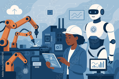 Engineer woman with tablet and AI robot in a smart factory. Industry 4.0 automation concept with robotic arm on a conveyor belt. Digital manufacturing, future technology vector.