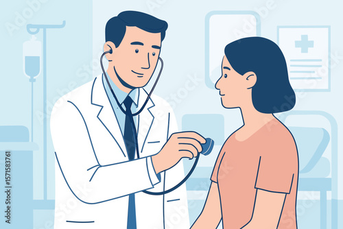 Doctor examining a female patient with a stethoscope in a hospital clinic. Physician providing medical consultation, diagnosis, and healthcare service. Health check-up concept.
