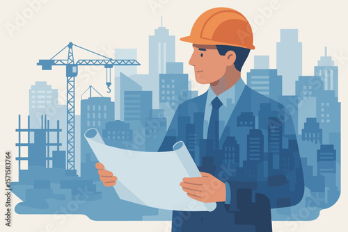 Double exposure of an architect or construction engineer in a hard hat holding a blueprint. Cityscape with crane and building site. Concept of urban development, industry, planning.