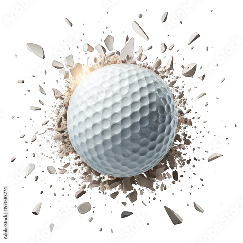 Golf ball impact with shattered debris around it isolated on transparent background