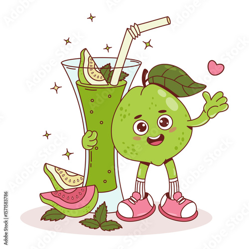 Cute Guava Fruit Groovy Character with Green Drink tropical and Fruit slices, Mint leaves. Cool Funny retro personage with Summer Refreshing Cocktail smoothie. Vector illustration. Not AI