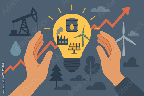 Energy Crisis, Hand Holding Light Bulb with Renewable and Fossil Fuel Icons, Rising Data Chart, Electricity Crisis, Economy, Alternative Energy, Sustainability