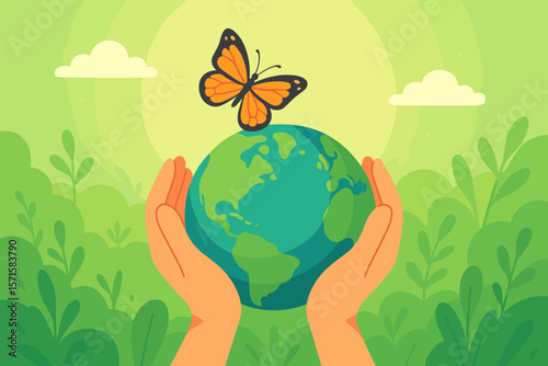 Earth Day concept with hands holding the globe and butterfly. Save our planet illustration. Environmental conservation, ecology, and sustainability vector background for world day.