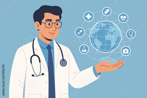Doctor holding virtual globe with healthcare network icons. Telemedicine, global health, and medical technology innovation. Futuristic digital services and science solutions concept.