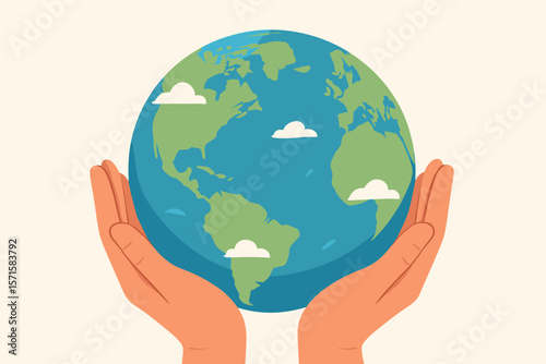 Earth Day illustration, human hands gently holding blue planet Earth, global care, environmental protection, save the world, sustainability, eco friendly concept, flat vector
