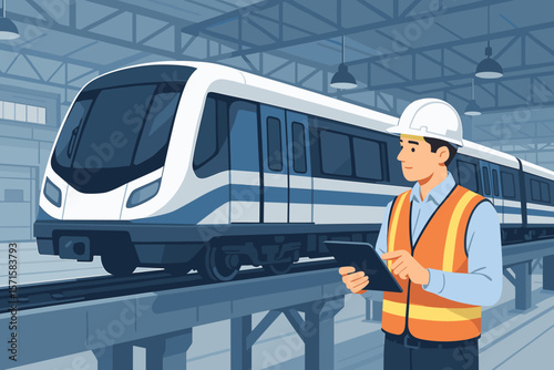 Engineer Supervising Electric Train Inspection, Modern Railway Maintenance Facility, Transportation Industry, Safety Vest, Hard Hat, Digital Tablet, Industrial Technology Concept
