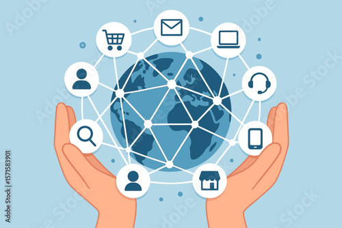 Global omni channel network connection concept. Hands holding earth with digital icons. E-commerce, communication, technology, online shopping, customer support, search, internet