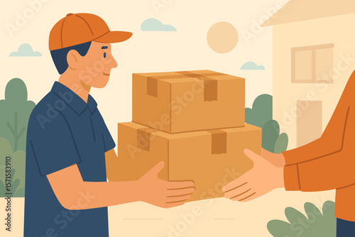 Courier delivering cardboard boxes to customer at home, parcel handover, contactless delivery service, shipping, receiving packages, morning outdoor scene, flat vector illustration