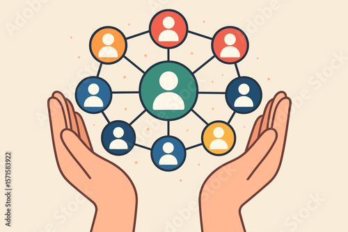 Customer Network Connection Support, Hands Holding Social Media Community, Omni Channel Communication, Teamwork, Collaboration, Flat Vector Illustration, Business Networking
