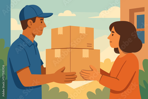 Delivery man handing cardboard boxes to customer outdoors. Parcel receiving, shipping service, express courier, home delivery, logistics, modern flat vector illustration