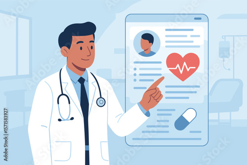 Modern healthcare technology concept. Doctor with stethoscope analyzing patient electronic medical record, digital health data, telemedicine, hospital interface, flat vector illustration