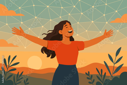 Joyful woman embracing freedom outdoors at sunset, arms wide open, smiling, connected network background, nature landscape, happiness, positive emotion, modern vector illustration