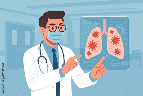 Doctor Diagnosing Lungs with Coronavirus Infection on Virtual Screen, Covid-19 Medical Examination, Hospital Interior, Respiratory Disease, Healthcare Technology Concept
