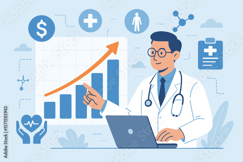 Healthcare business growth, medical data analytics, doctor with laptop, rising financial chart, professional service, research, development, investment, medical innovation