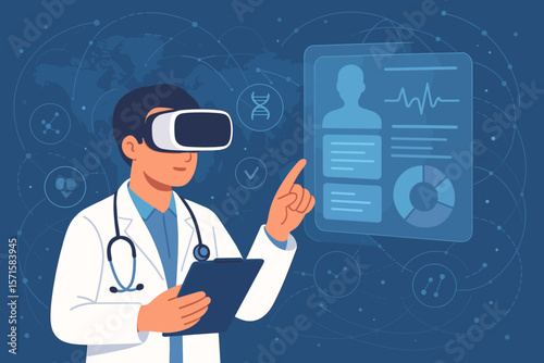 Futuristic healthcare technology concept. Doctor using VR headset, digital clipboard, analyzing patient diagnosis data, holographic medical interface, innovation, science, virtual medicine