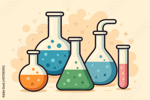 Colorful laboratory glass flasks and beakers with chemical liquids. Science research, medical experiment, chemistry background. Modern flat vector cartoon illustration for education, lab design