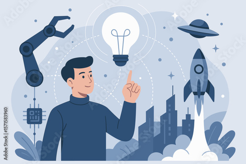 Futuristic Innovation Concept with Light Bulb Idea, Artificial Intelligence Robot Arm, Microchip, Rocket Launch, UFO, Modern City Skyline, Science Technology Vector