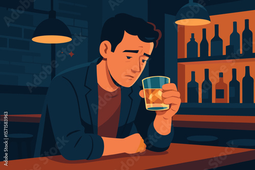Lonely man sitting at bar counter holding glass of whiskey with ice, drinking alone at night, modern flat vector illustration, nightlife, alcohol, solitude, bar interior