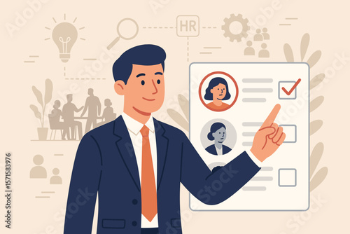 Human resources management, HR recruitment, employee selection, teamwork, leadership, teambuilding, businessman choosing candidate, online assessment, hiring process, business concept