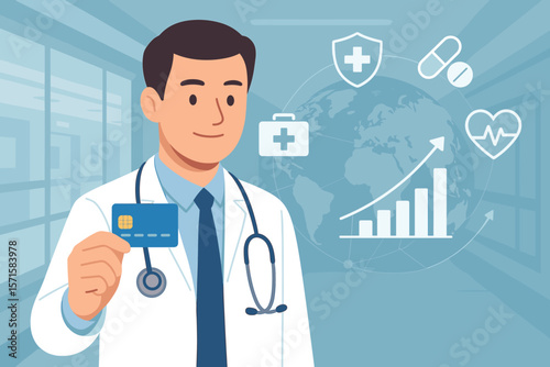 Doctor Holding Credit Card in Hospital, Medical Finance Concept, Healthcare Payment System, Banking, Global Data, Business Growth Graph, Medicine, Insurance, Technology