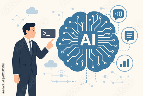 Businessman Activates Artificial Intelligence Neural Network via Command Prompt for Generating Text, Speech, Image, Data Exchange, Machine Learning, Cloud Computing