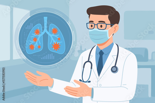 Doctor Diagnosing Virtual Human Lungs with Coronavirus Infection, Covid-19 Medical Illustration, Healthcare Technology, Hospital Background, Respiratory Disease Concept
