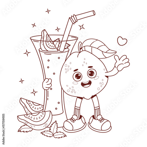 Outline Cute Guava Groovy Character with tropical Drink and Fruit slices, Mint leaves. Cool Funny personage with Refreshing Cocktail smoothie. Line drawing, coloring book. Vector illustration. Not AI