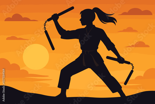 Female martial artist silhouette with nunchaku practicing karate or kung fu at sunset, self-defense, strength, discipline, Asian martial arts training, empowerment illustration