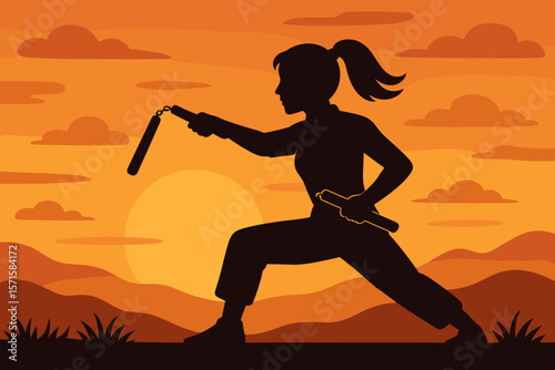 Female Martial Artist Silhouette Practicing Nunchaku at Sunset, Self Defense Training, Karate, Kung Fu, Outdoor Fitness, Empowerment, Modern Flat Vector Illustration