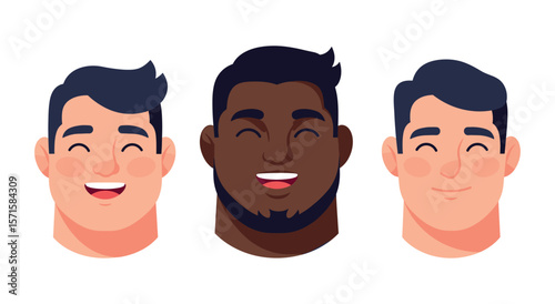 Cheerful cartoon faces of three diverse men expressing happiness and positivity