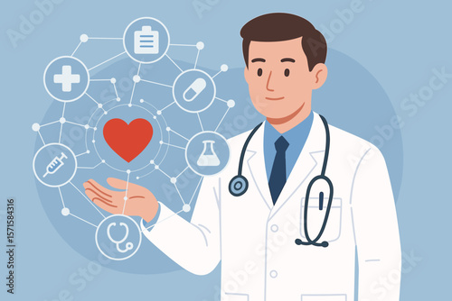 Medical doctor with stethoscope holding red heart, healthcare icons and digital network, modern medicine technology, virtual health interface, hospital care concept illustration