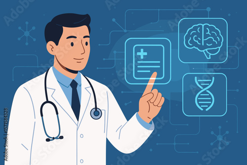 Medical doctor using digital touchscreen interface with electronic health records, brain analysis, DNA helix, and healthcare network technology for modern medicine concept