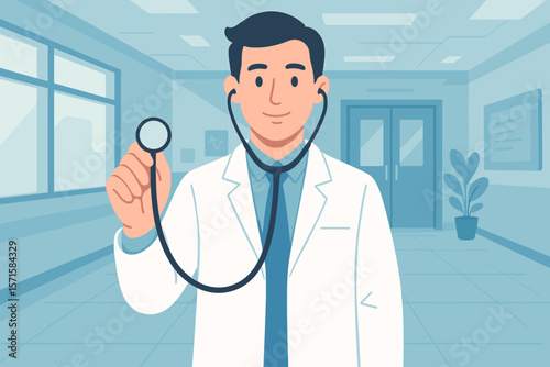 Medical doctor holding stethoscope in hospital corridor. Healthcare professional. Modern flat vector illustration. Medicine, diagnosis, healthcare technology, clinic interior.