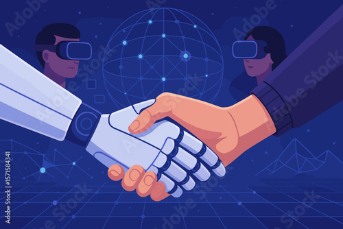 Human and Robot Handshake in Metaverse Network, Virtual Reality Collaboration, Artificial Intelligence Partnership, Futuristic Technology Integration, Digital Transformation Concept