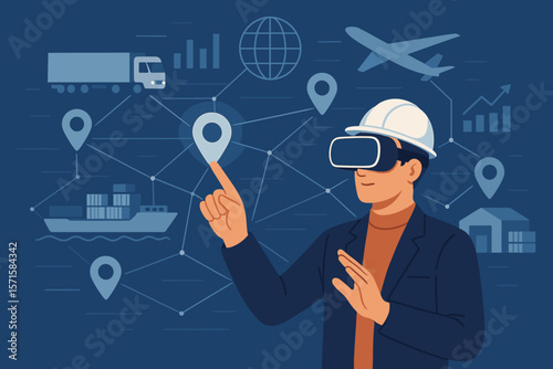 Metaverse technology manager engineer using VR virtual reality headset to analyze and control logistics network, smart transportation, supply chain distribution, industry transport