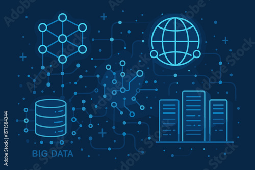 Futuristic Big Data Network Structure, Blockchain, Mainframe Server, Global Internet Connection, Digital Technology, Data Storage, Cloud Computing, Modern Vector Illustration